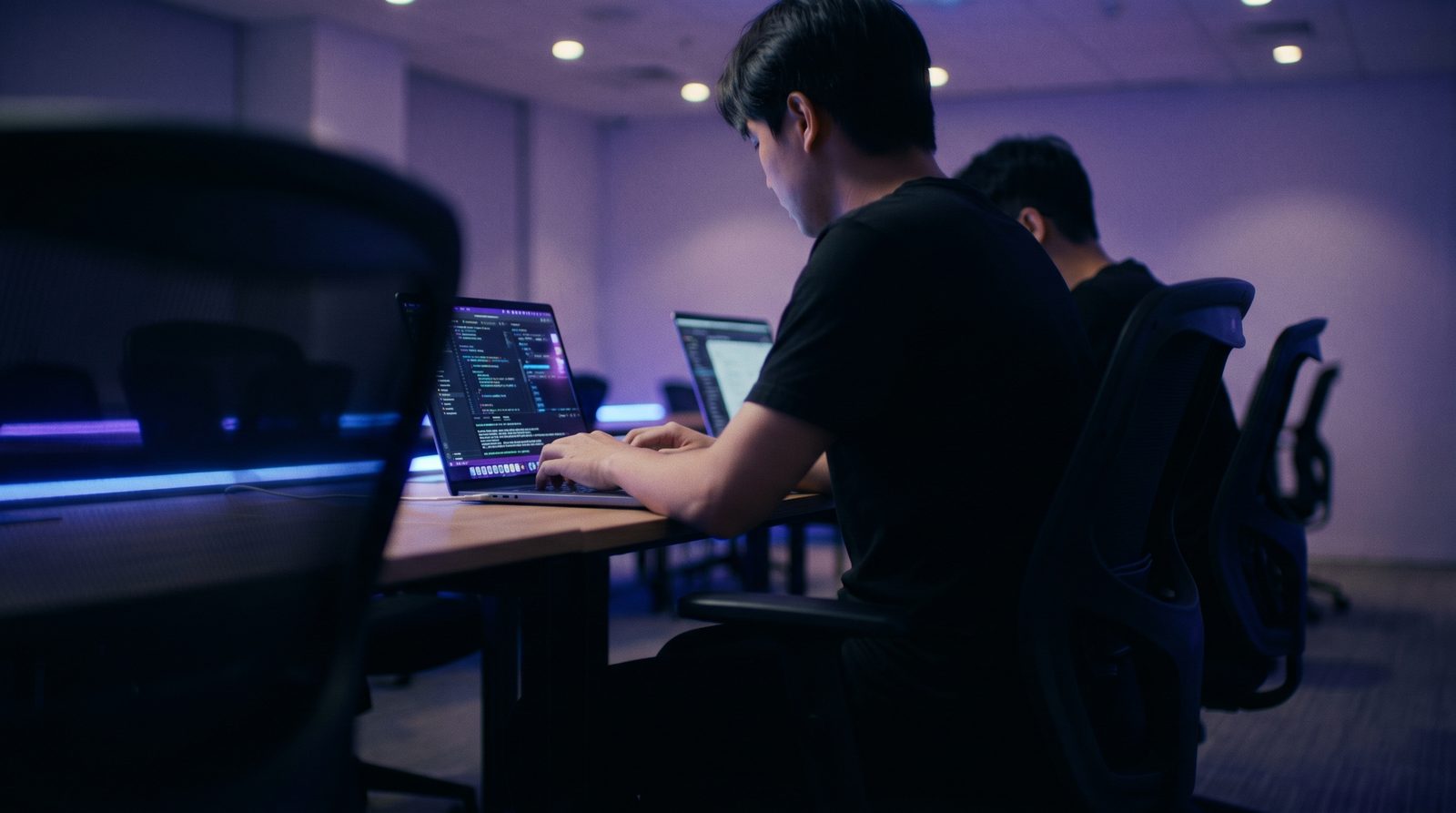Laboratório de IA do curso à noite, alunos produzindo em laptops